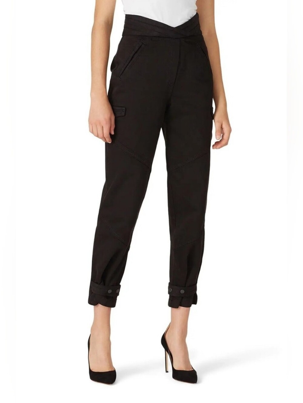 NWT RtA Dallas High-Waist Barrel Leg Cargo Jeans in Black w/Silk Lining, Large.